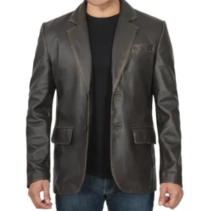Mens-2-Button-Brown-Leather-Blazer