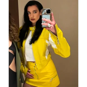 Dua Lipa Yellow Leather Cropped Motorcycle Jacket