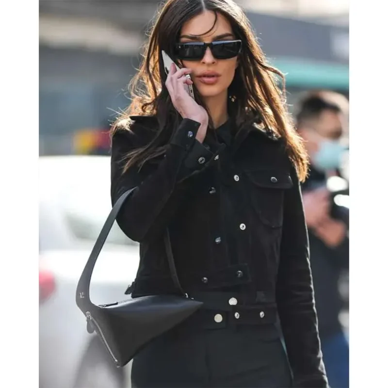 Emily Ratajkowski Model NYC 2023 Street Style Black Suede Leather Jacket