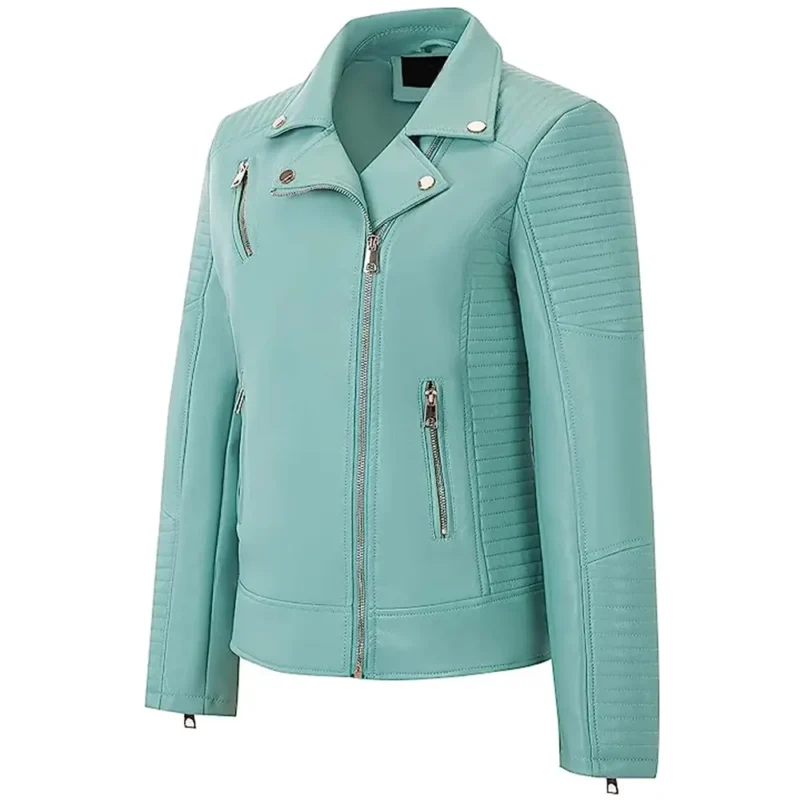 Womens Motorcycle Style Light Blue Leather Jacket