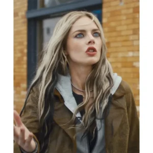 Samara Weaving Movie Eenie Meanie 2025 Brown Suede Leather Coat